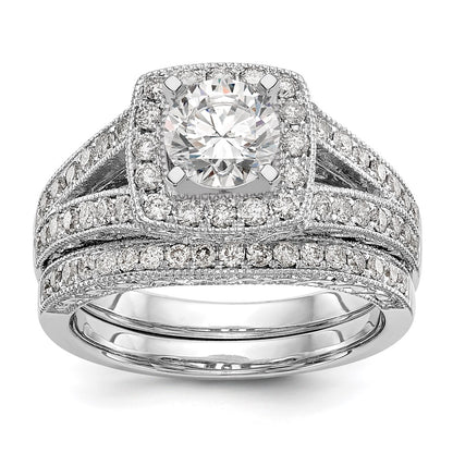 14K White Gold Peg Set Simulated Diamond Cushion Halo Engagement Ring