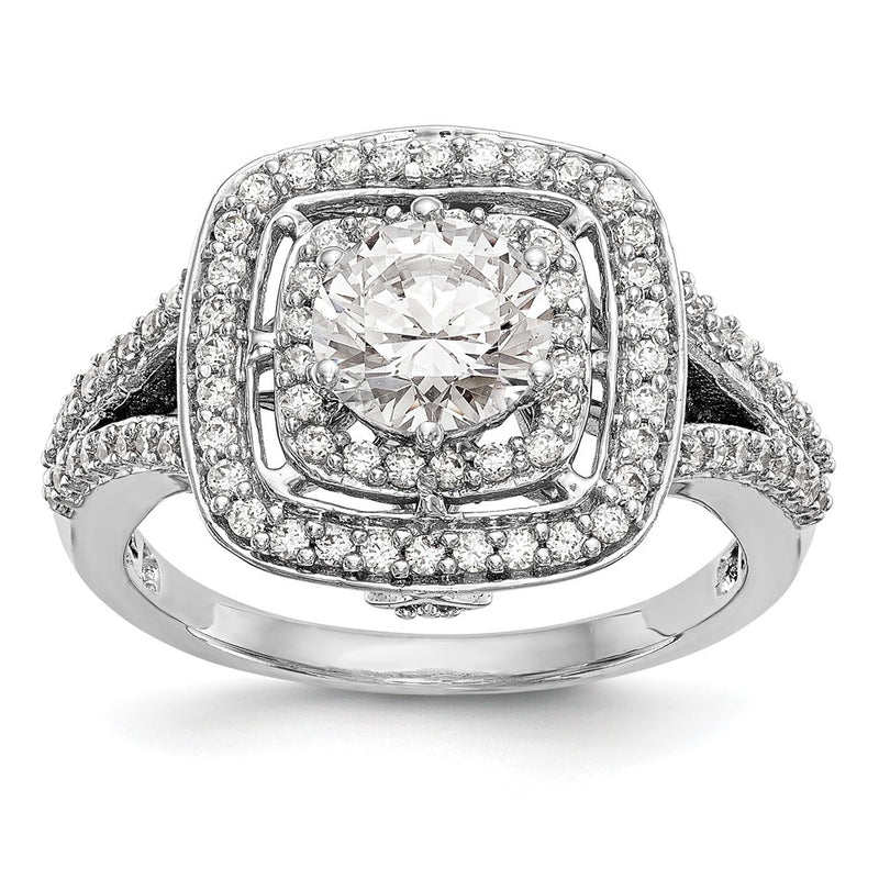 14K White Gold Round Simulated Diamond Cushion Halo Engagement Ring