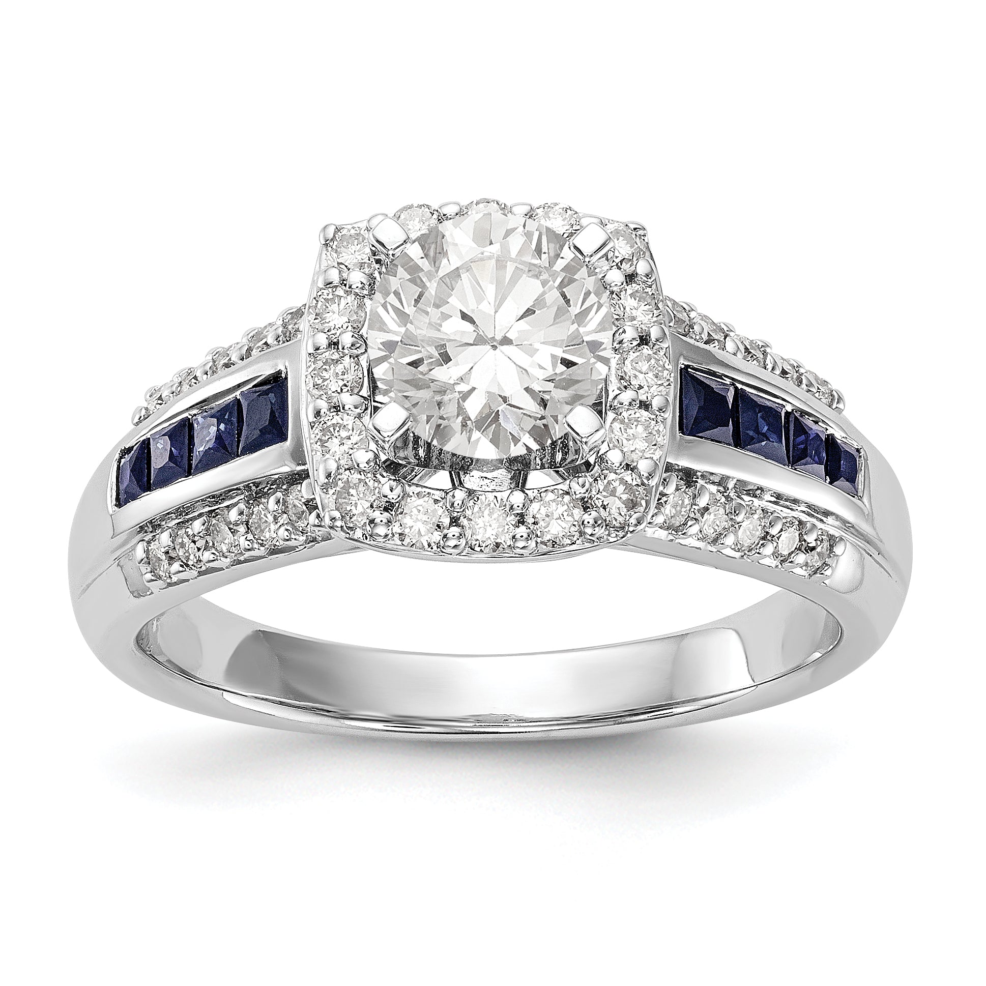 14K Yellow Gold Peg Set Diamond & Sapphire Semi Mount Cushion Halo Engagement Ring