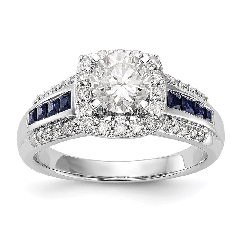 14K Yellow Gold Peg Set Diamond & Sapphire Semi Mount Cushion Halo Engagement Ring