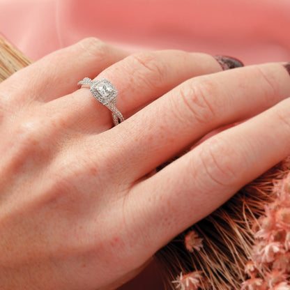 14K White Gold Halo Twist (Holds 1/3 Carat (3.8mm) Princess Center) Diamond Semi Mount Engagement Ring