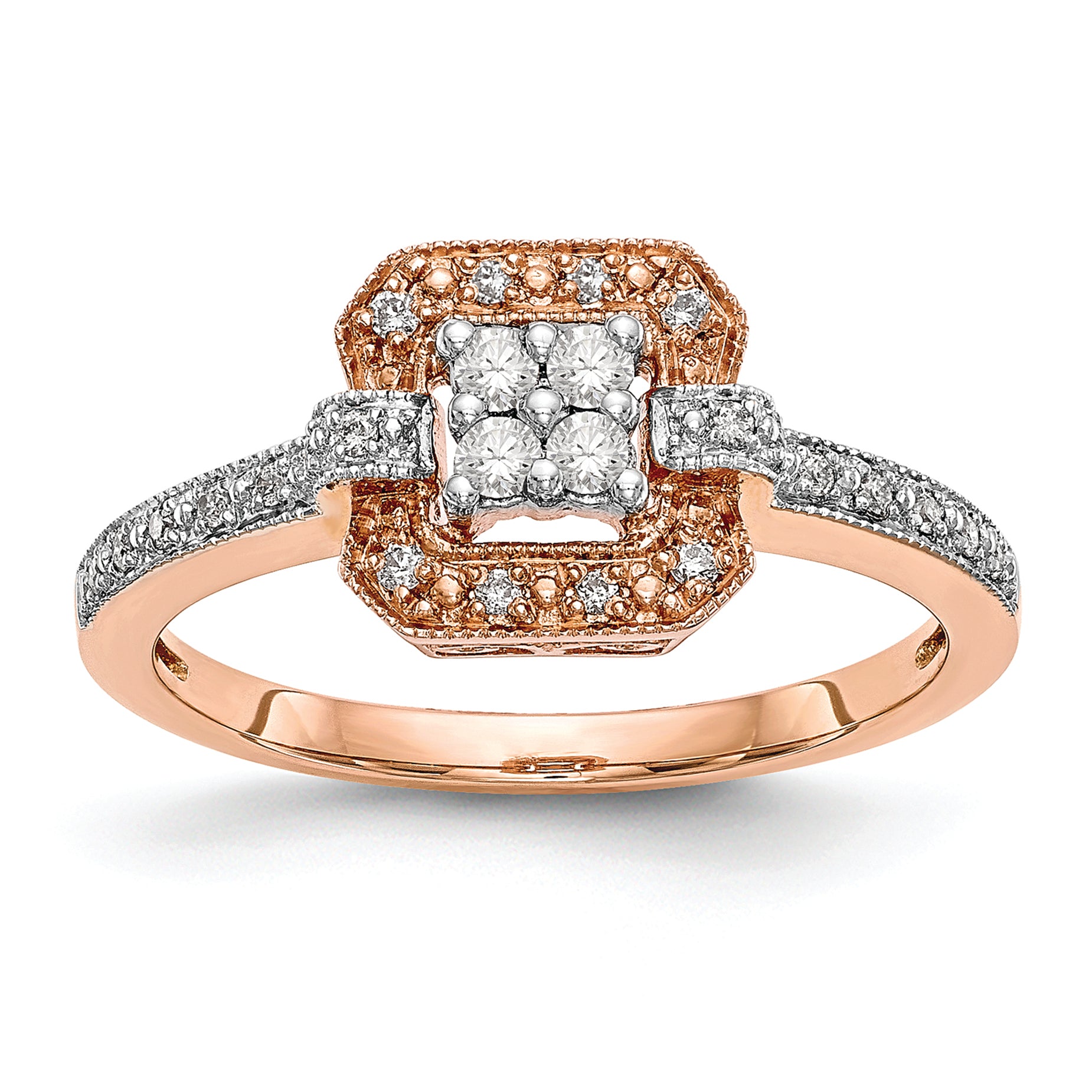 14K Rose Gold Square Cluster 1/5 Carat Diamond Complete Engagement Ring