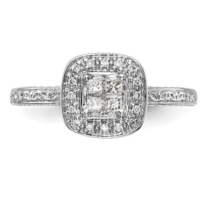 14K White Gold Square Halo Cluster 1/5 Carat Princess/Round Diamond Complete Engagement Ring