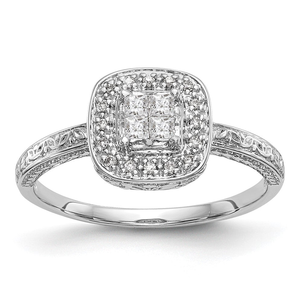 14K White Gold Square Halo Cluster 1/5 Carat Princess/Round Diamond Complete Engagement Ring