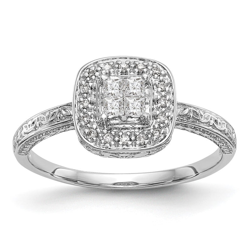 14K White Gold Square Halo Cluster 1/5 Carat Princess/Round Diamond Complete Engagement Ring