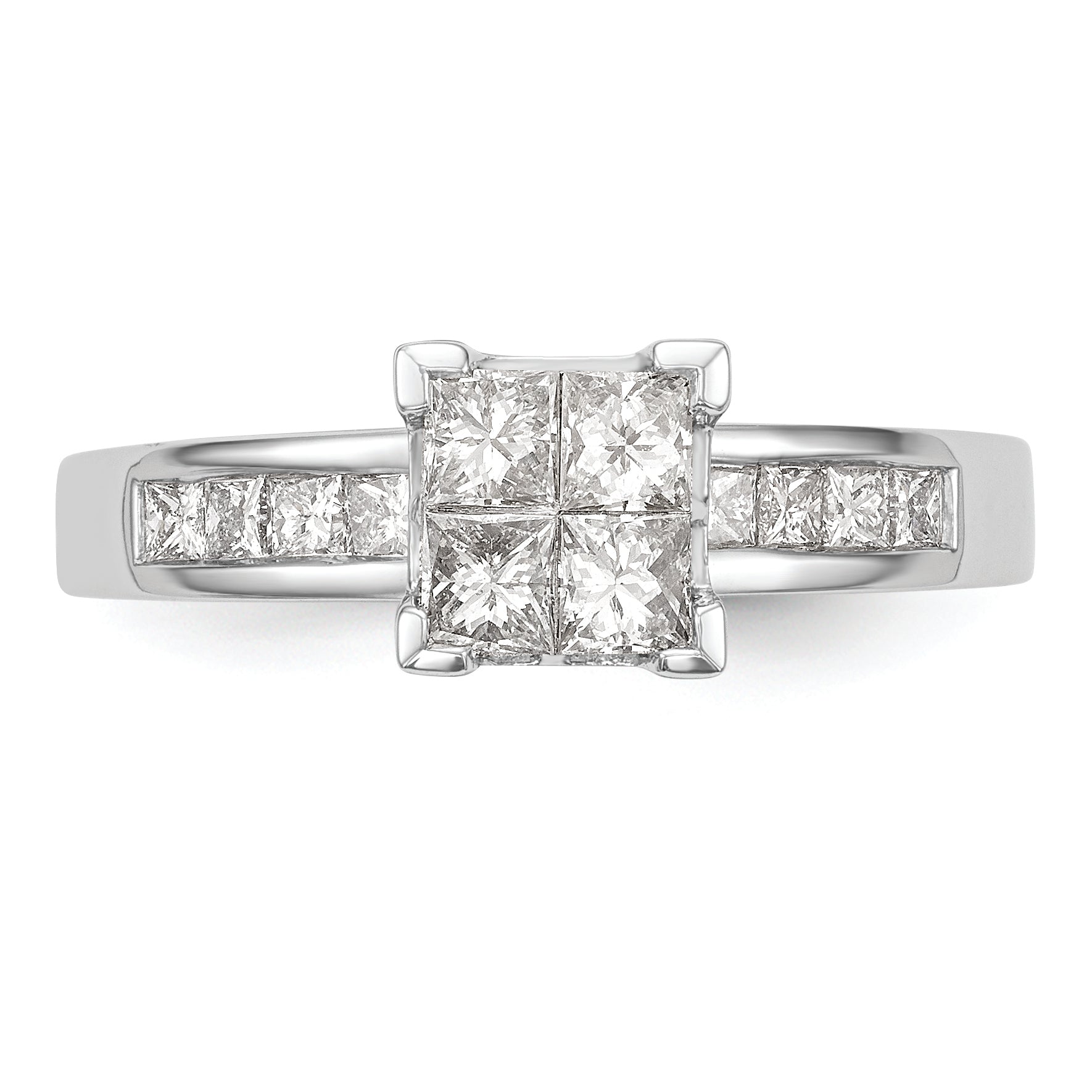 14K White Gold Square Cluster 3/4 Carat Princess Diamond Complete Engagement Ring