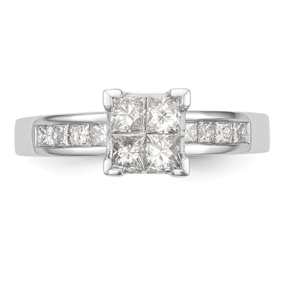 14K White Gold Square Cluster 3/4 Carat Princess Diamond Complete Engagement Ring
