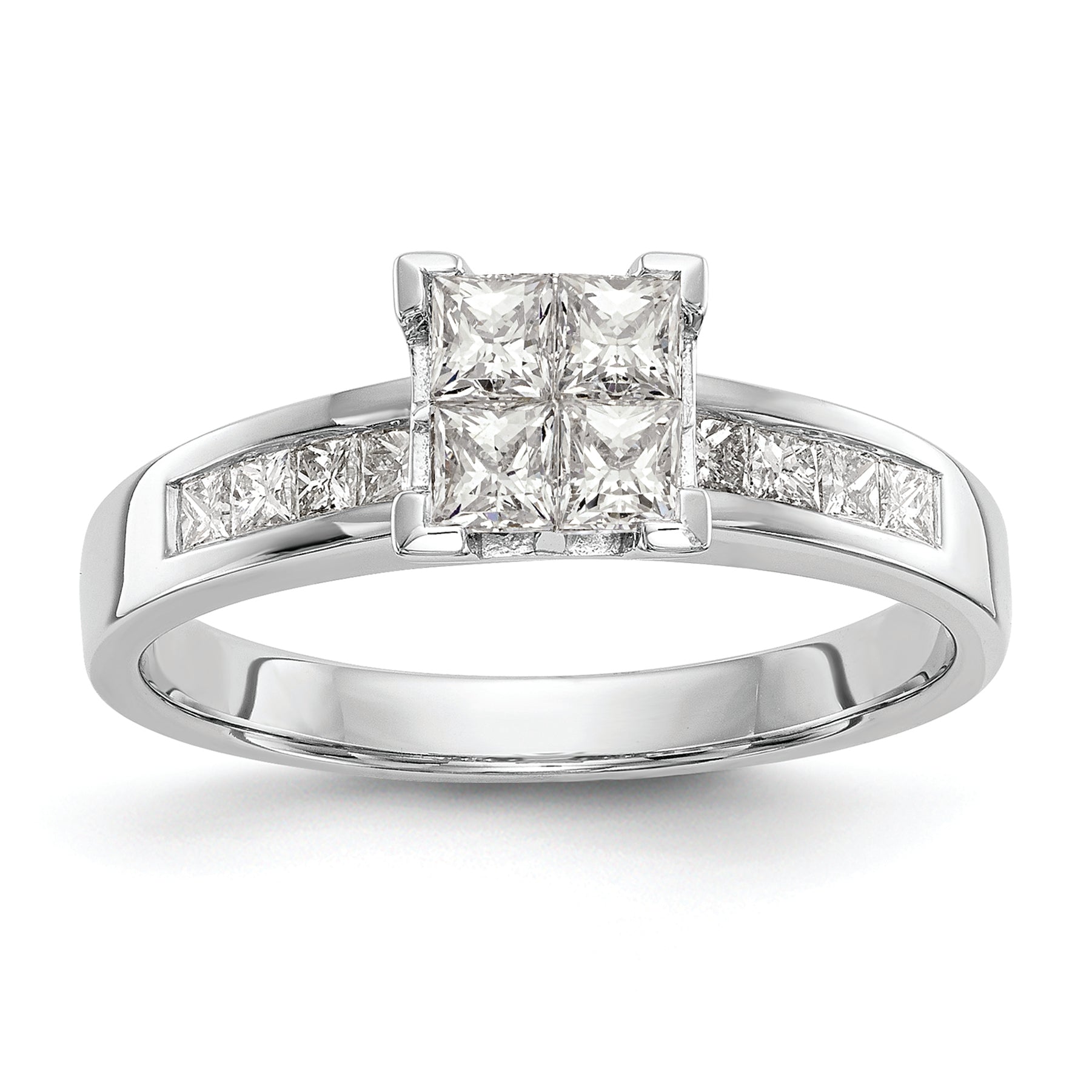 14K White Gold Square Cluster 3/4 Carat Princess Diamond Complete Engagement Ring
