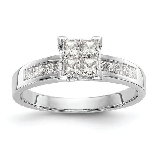 14K White Gold Square Cluster 3/4 Carat Princess Diamond Complete Engagement Ring