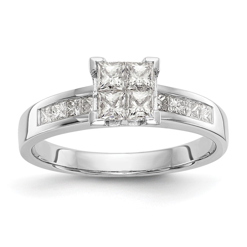 14K White Gold Square Cluster 3/4 Carat Princess Diamond Complete Engagement Ring