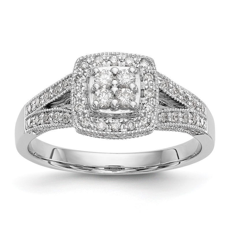 14K White Gold Square Halo Cluster 1/2 Carat Diamond Complete Engagement Ring