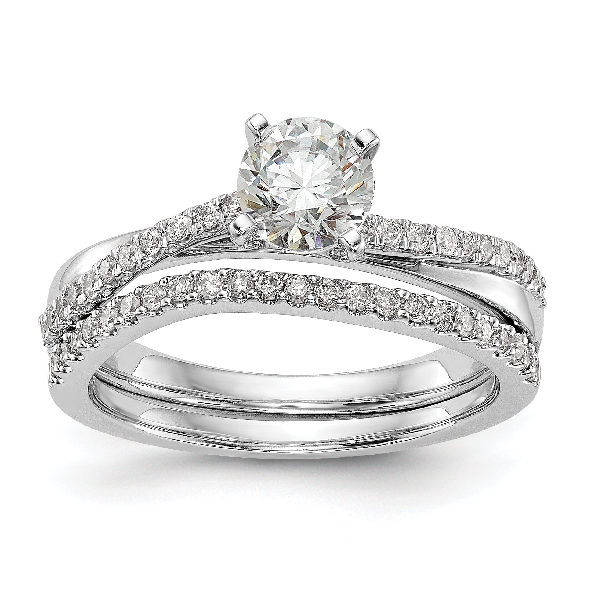 14k White Gold Peg Set Simulated Diamond By Pass Engagement Ring