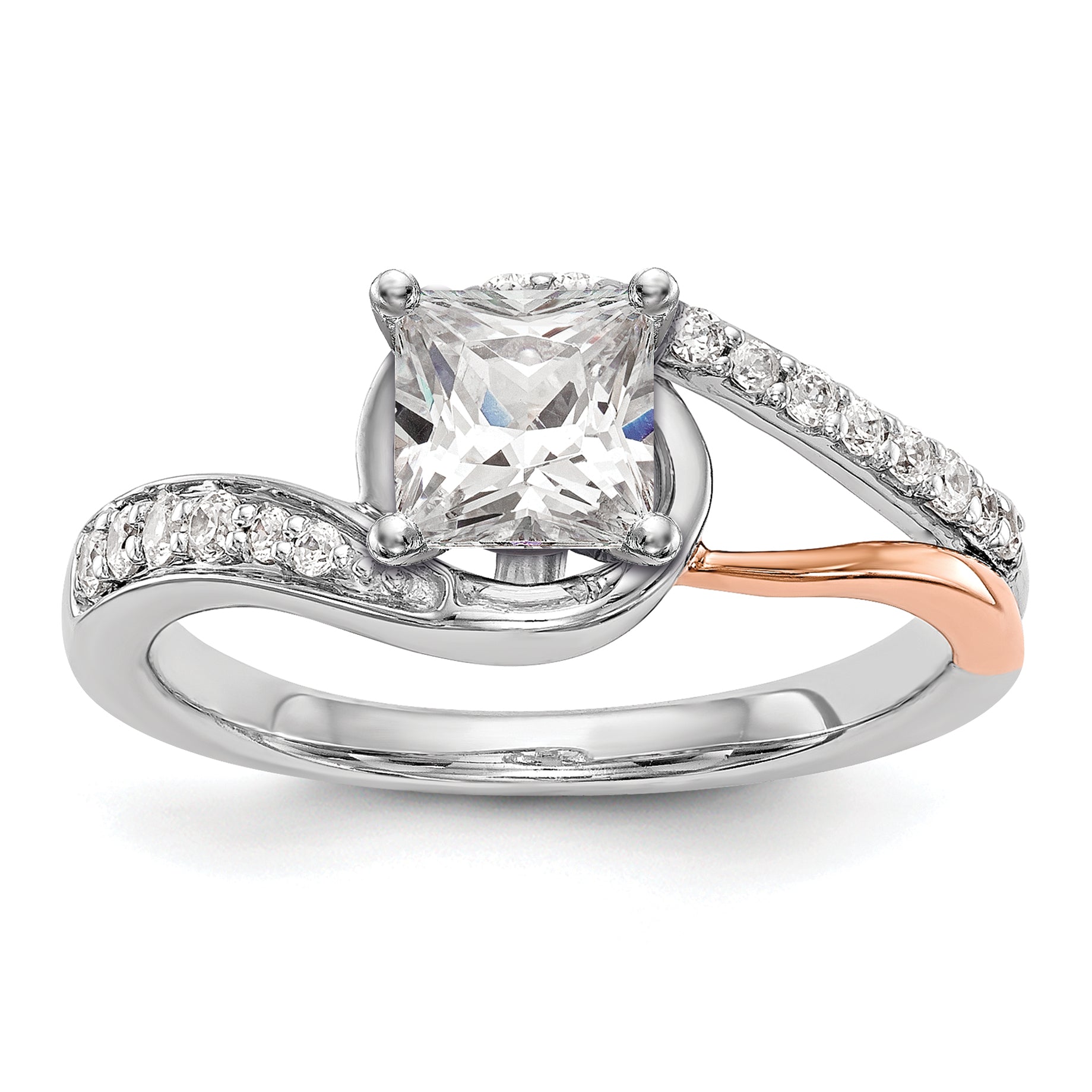 14k White Gold Peg Set Simulated Diamond By Pass Engagement Ring