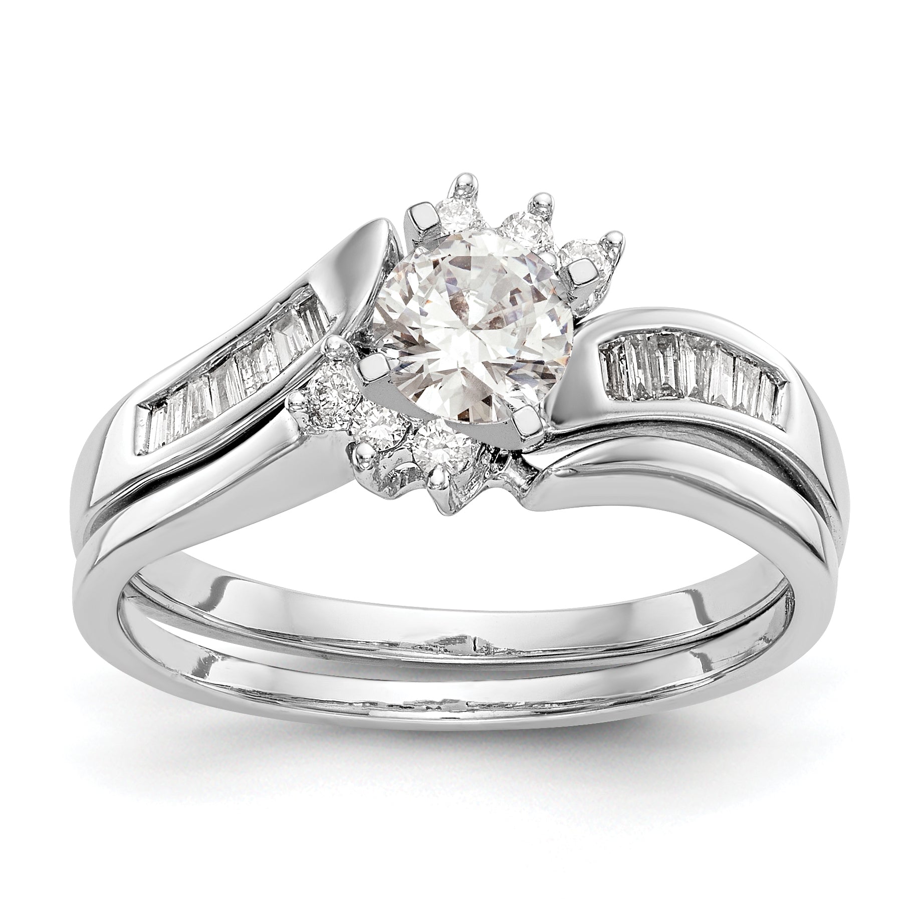 14K White Gold By Pass Peg Set 1/8 Carat Baguette Diamond Semi Mount Engagement Ring
