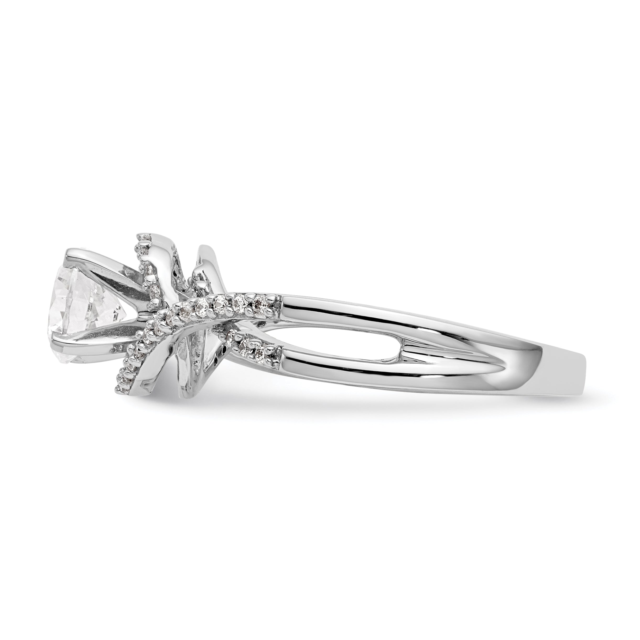 14k White Gold Peg Set Simulated Diamond Criss Cross Engagement Ring