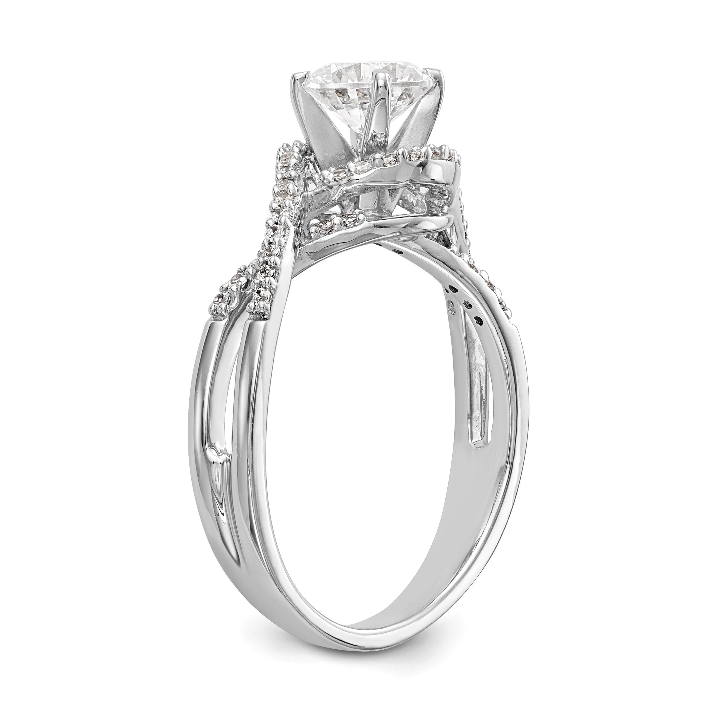 14k White Gold Peg Set Simulated Diamond Criss Cross Engagement Ring