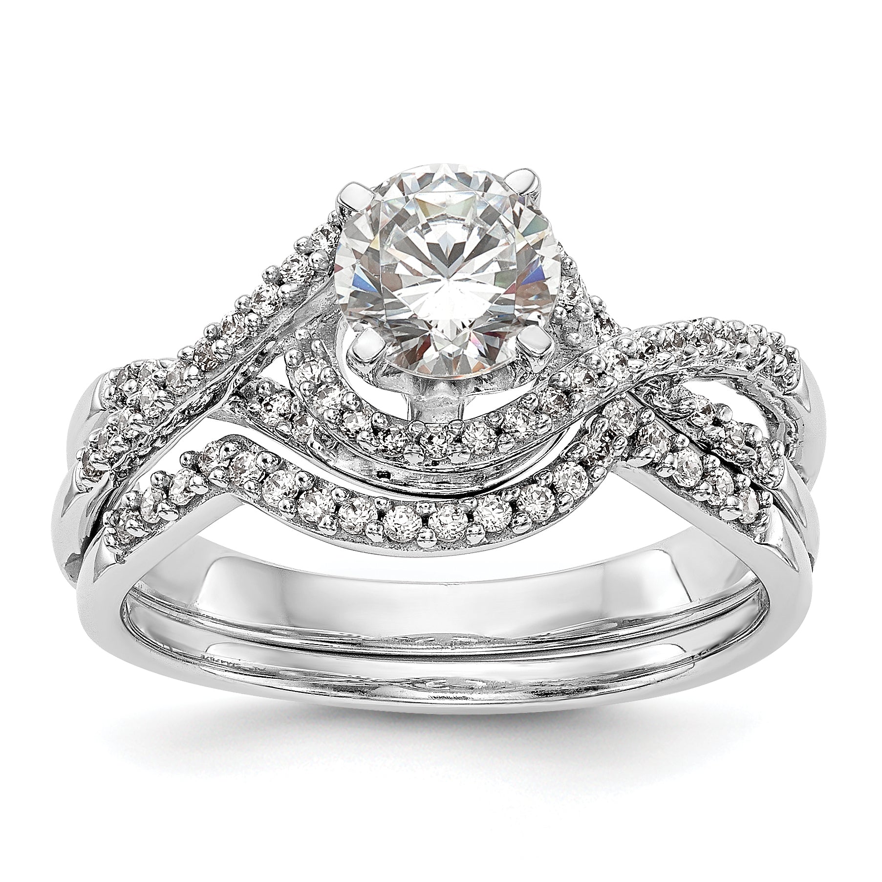 14k White Gold Peg Set Simulated Diamond Criss Cross Engagement Ring