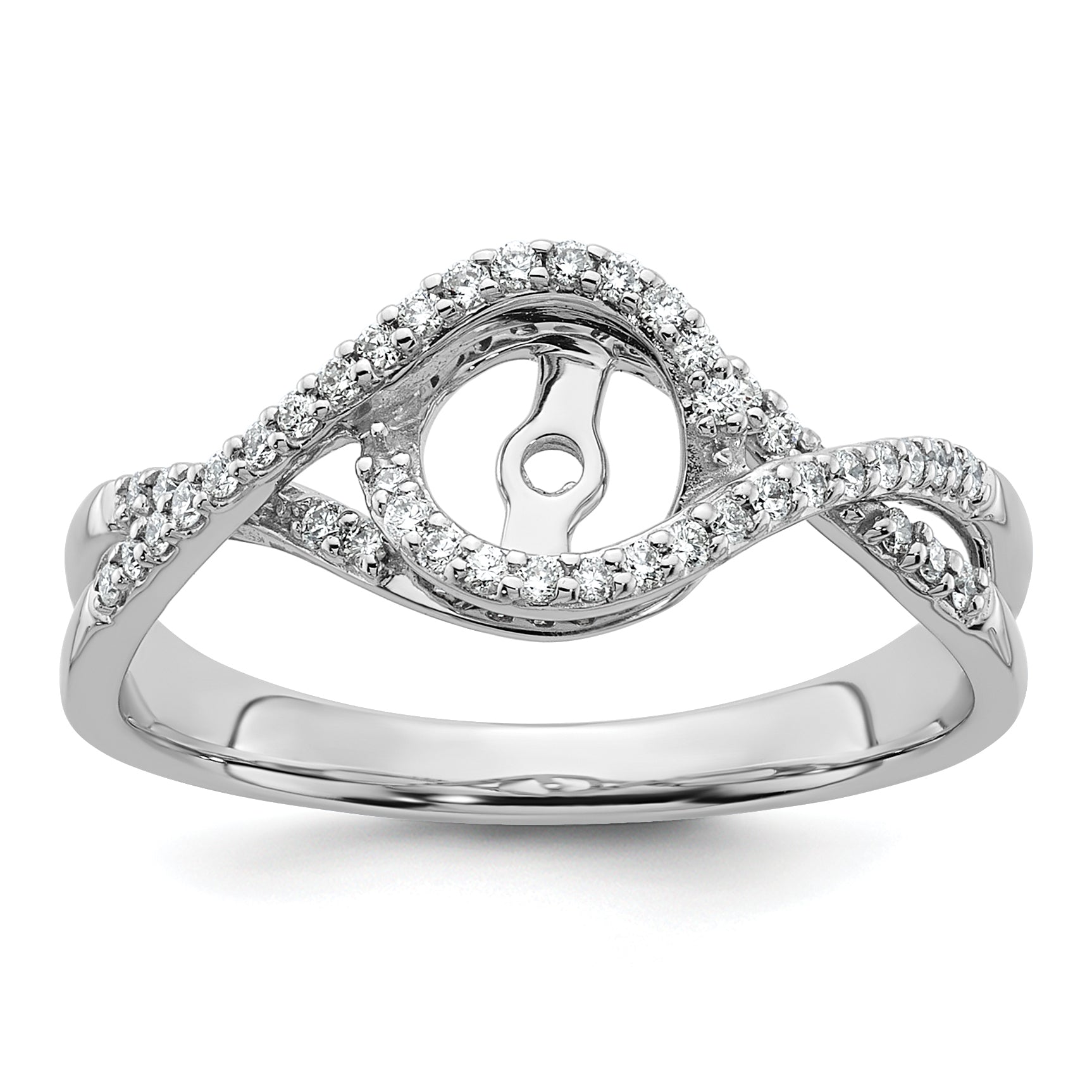 14k White Gold Peg Set Simulated Diamond Criss Cross Engagement Ring