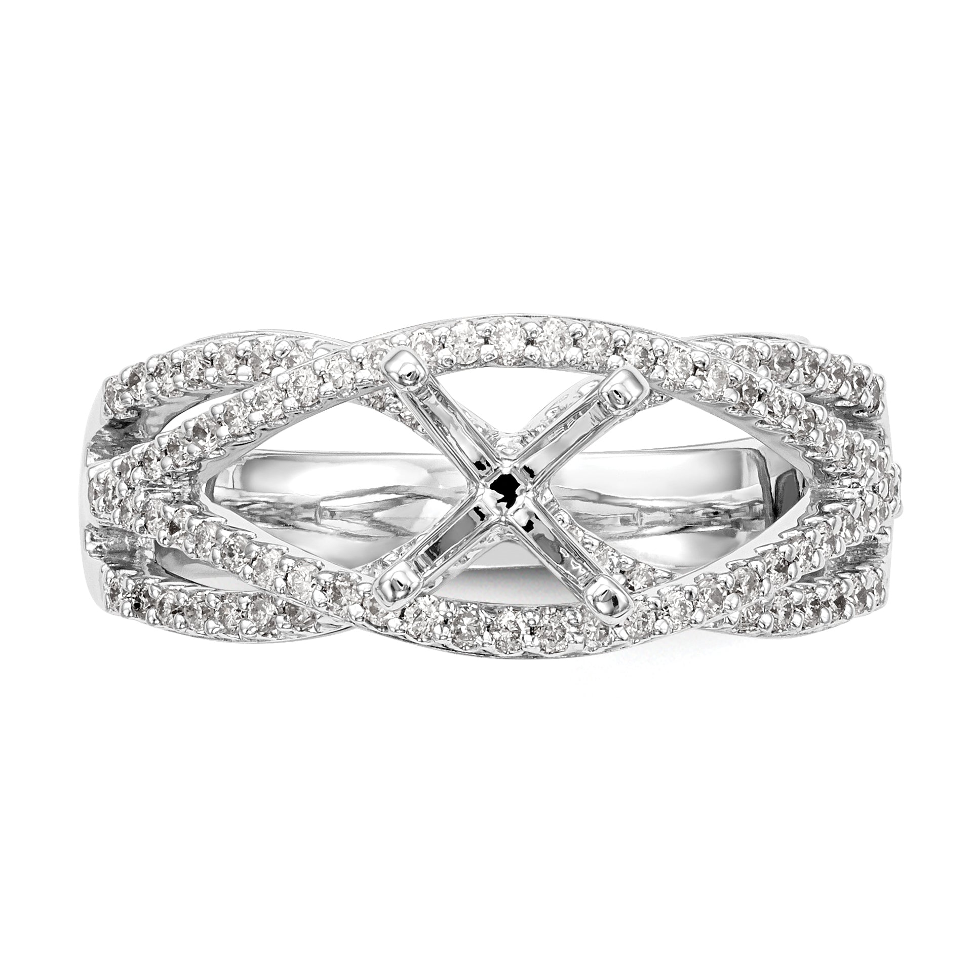 14k White Gold Peg Set Simulated Diamond Criss Cross Engagement Ring