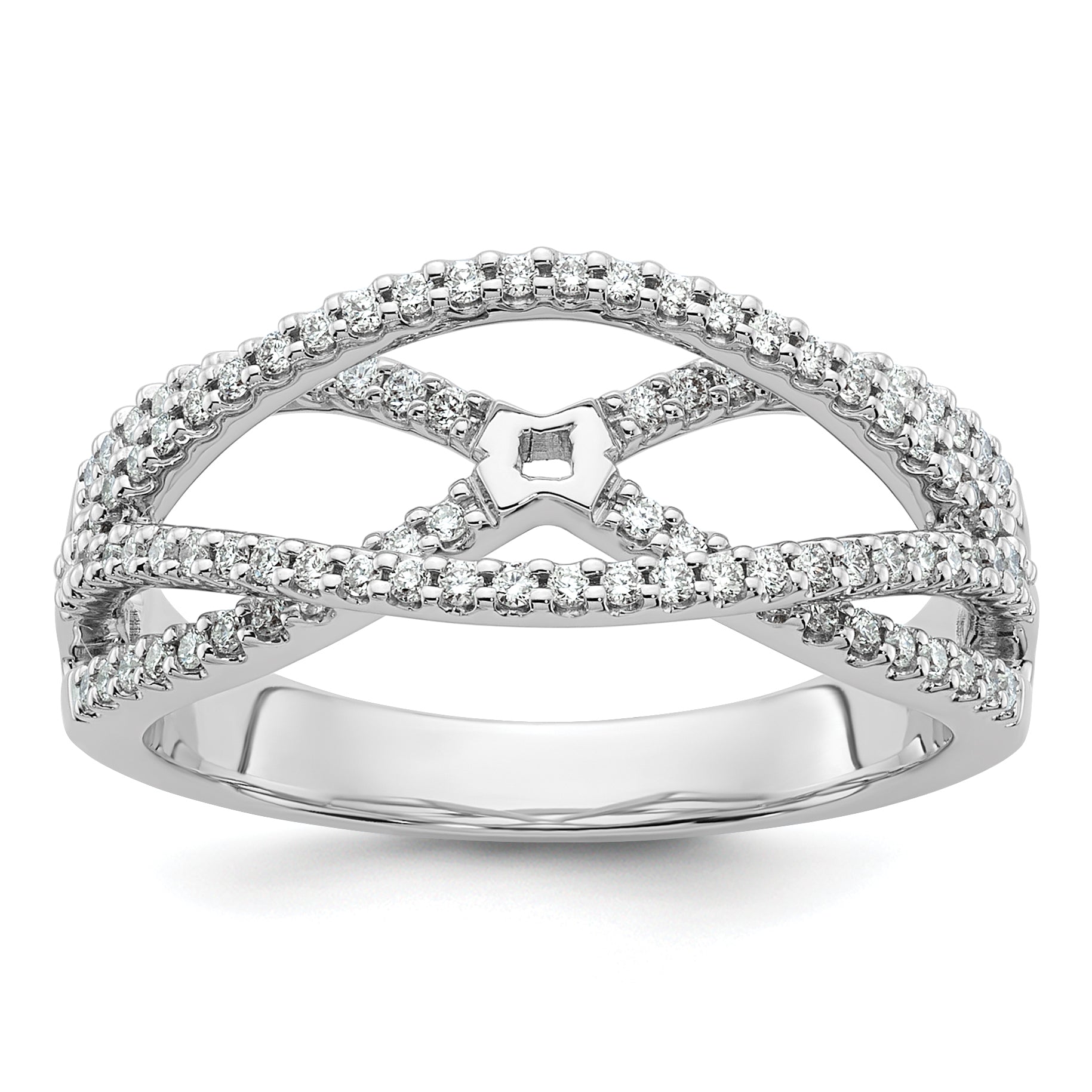 14k White Gold Peg Set Simulated Diamond Criss Cross Engagement Ring