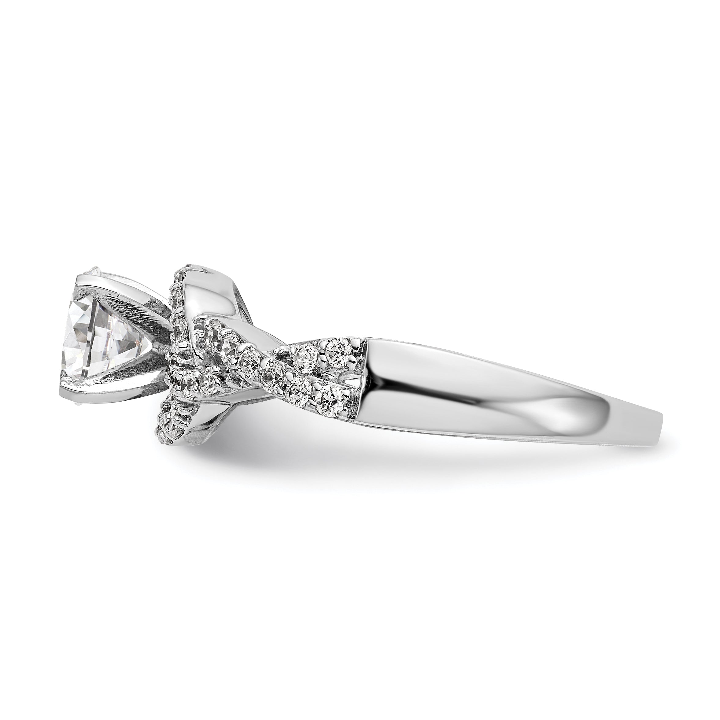 14k White Gold Peg Set Simulated Diamond Criss Cross Engagement Ring