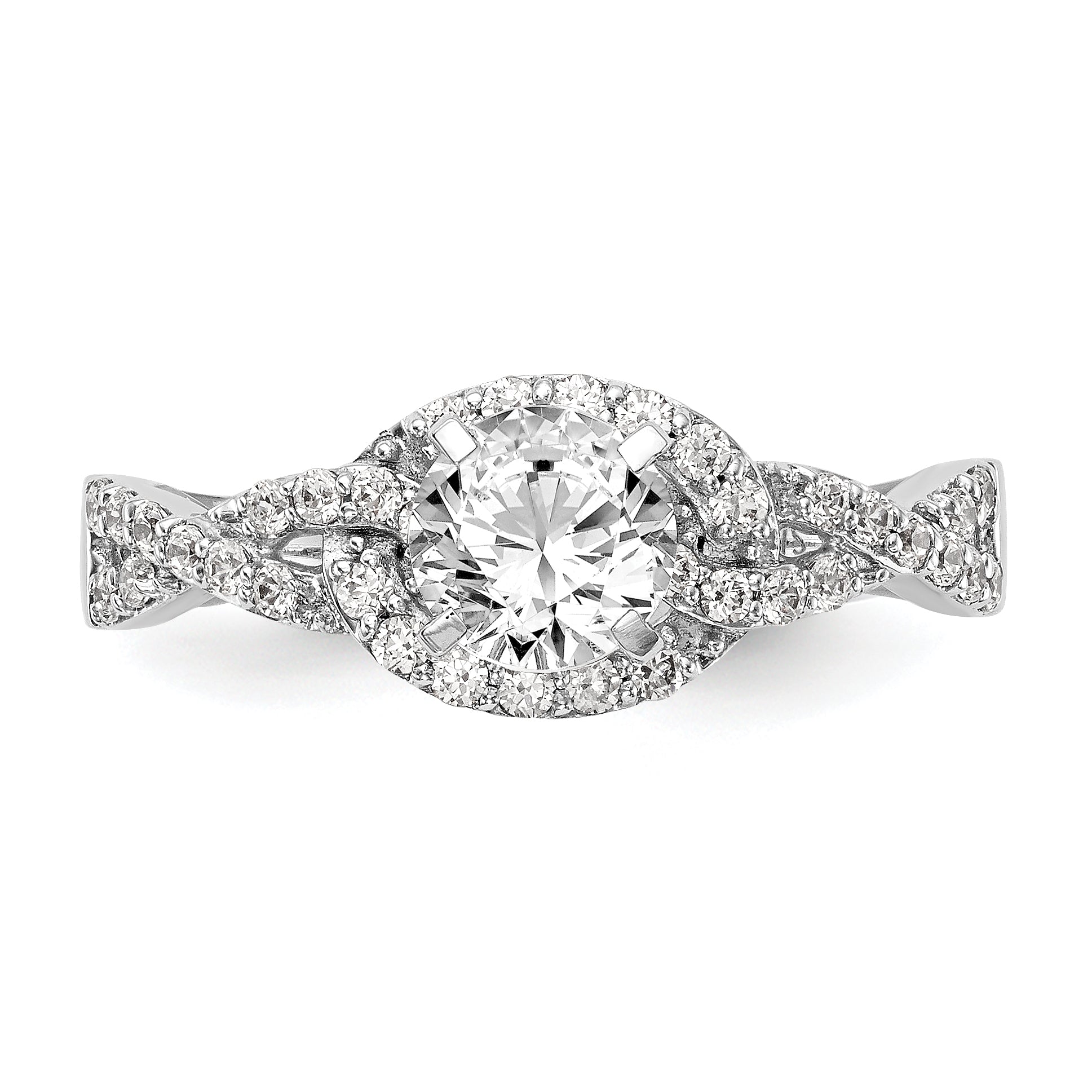 14k White Gold Peg Set Simulated Diamond Criss Cross Engagement Ring