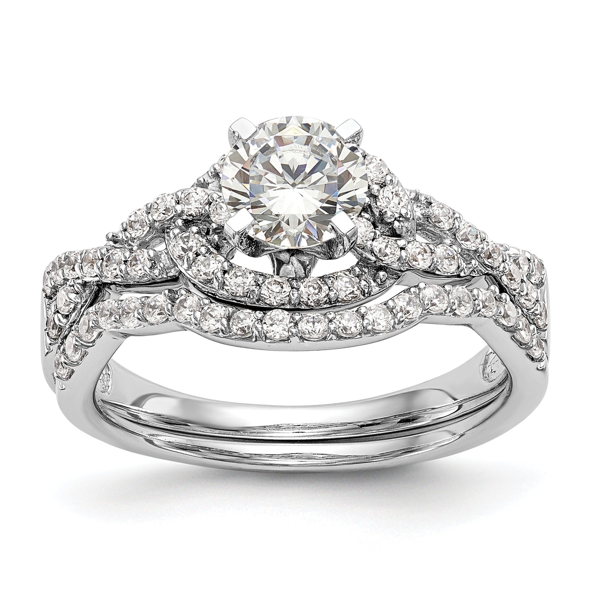 14k White Gold Peg Set Simulated Diamond Criss Cross Engagement Ring
