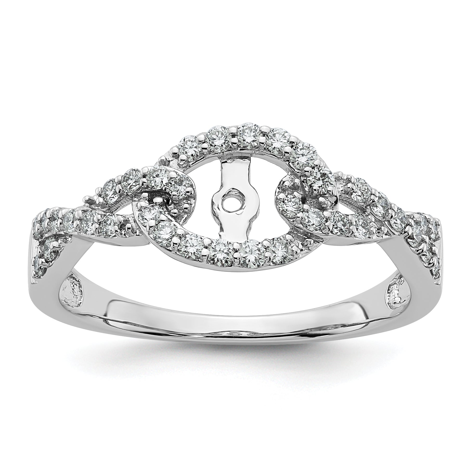 14k White Gold Peg Set Simulated Diamond Criss Cross Engagement Ring