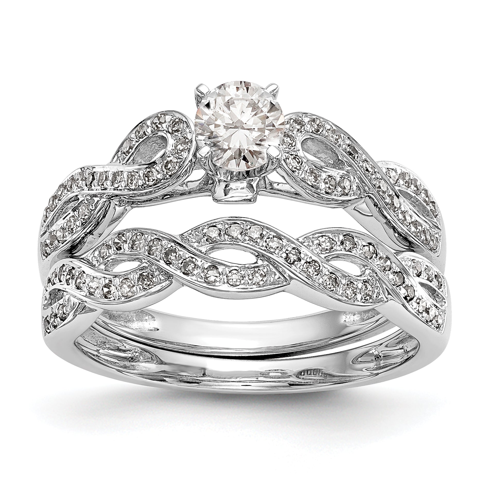 14k White Gold Peg Set Simulated Diamond Criss Cross Engagement Ring