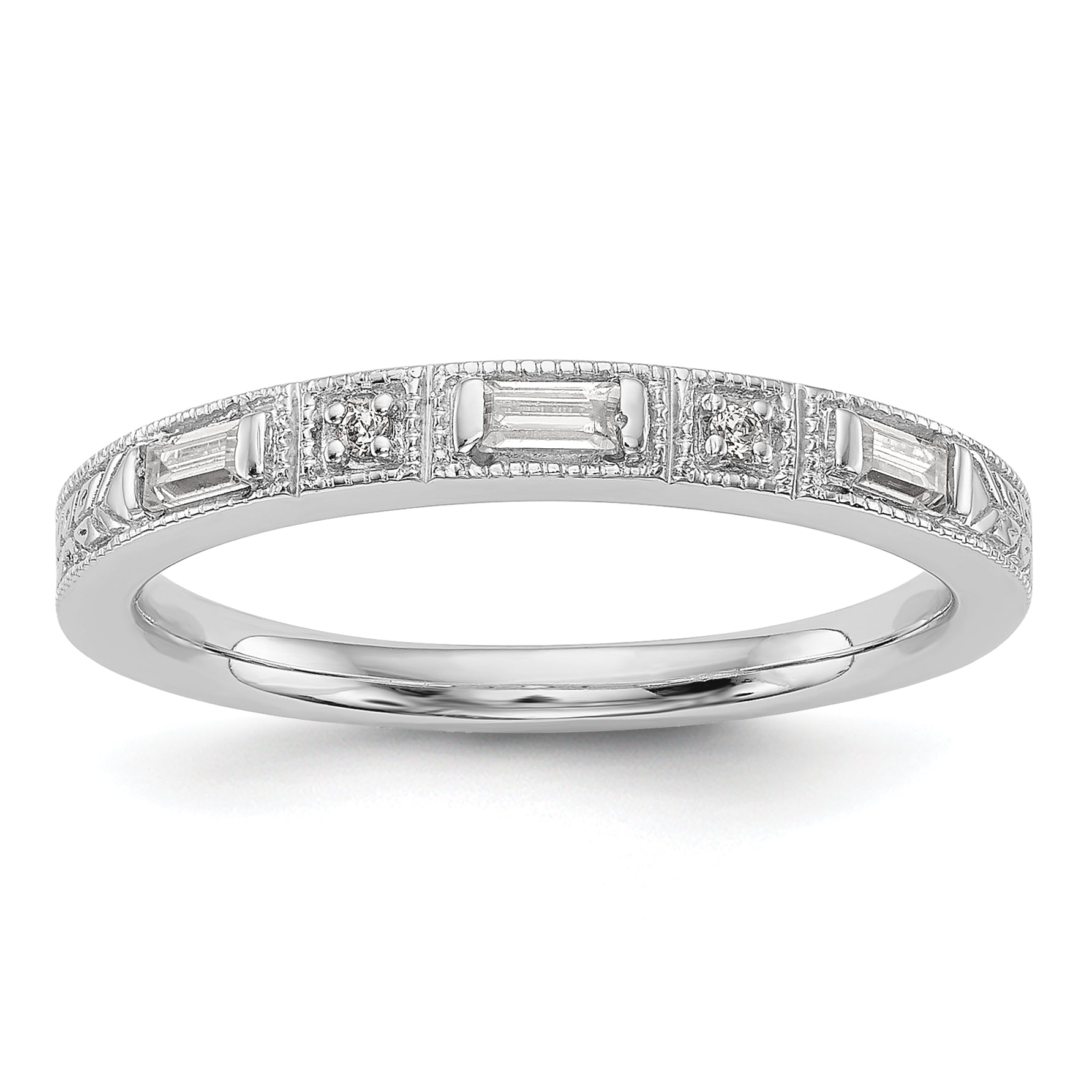 14K White Gold 1/10 Carat Baguette/Round Diamond Complete Wedding Band