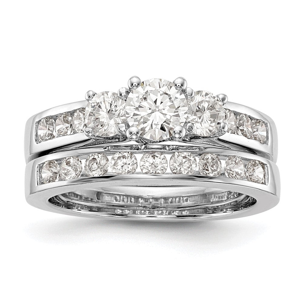 14K White Gold 1 Carat Lab Grown Diamond Vs/Si+ G+ Round Complete Three Stone Engagement Ring