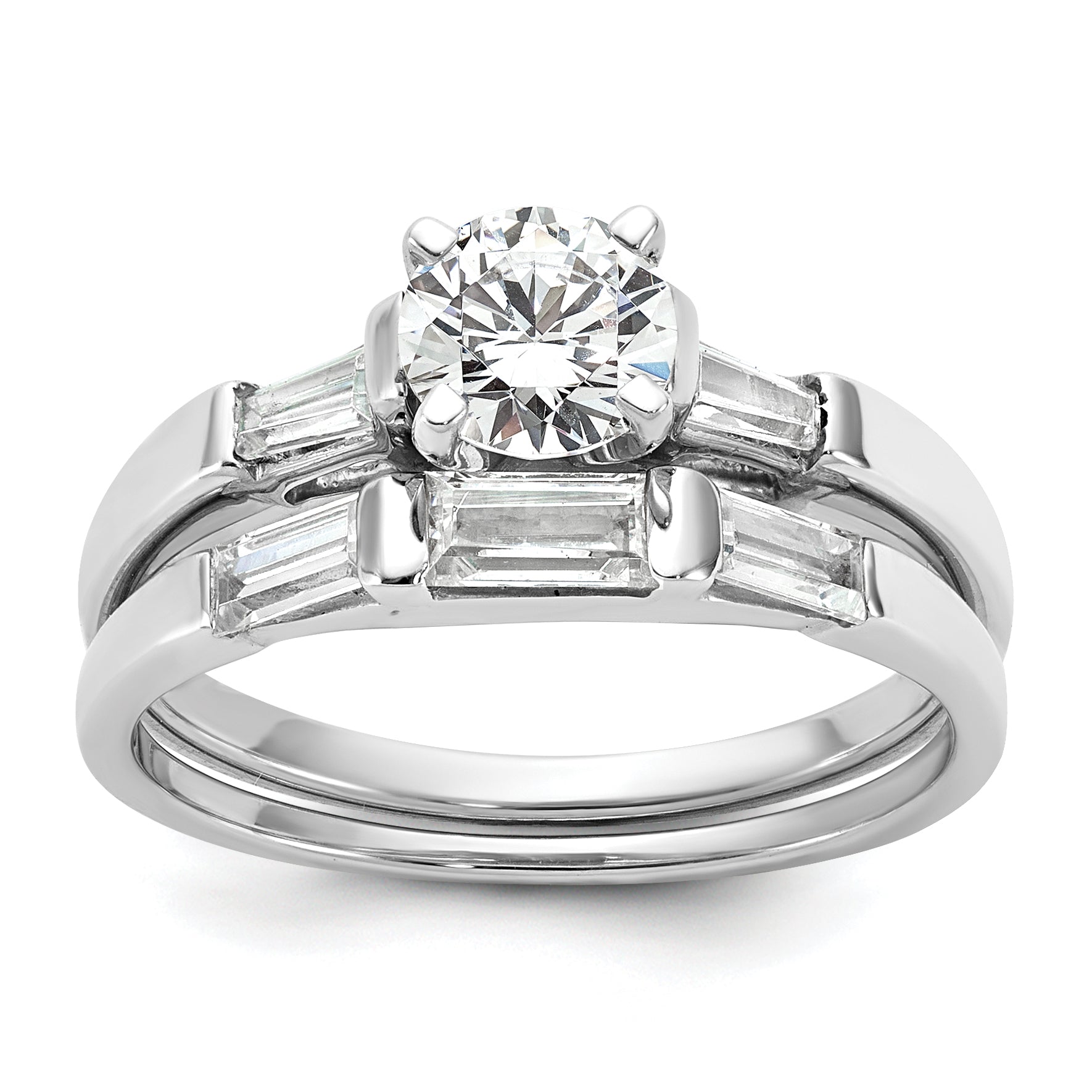 14K White Gold 3 Stone Diamond Peg Set Includes 2 Baquette Side Stones Engagement Ring, No Head
