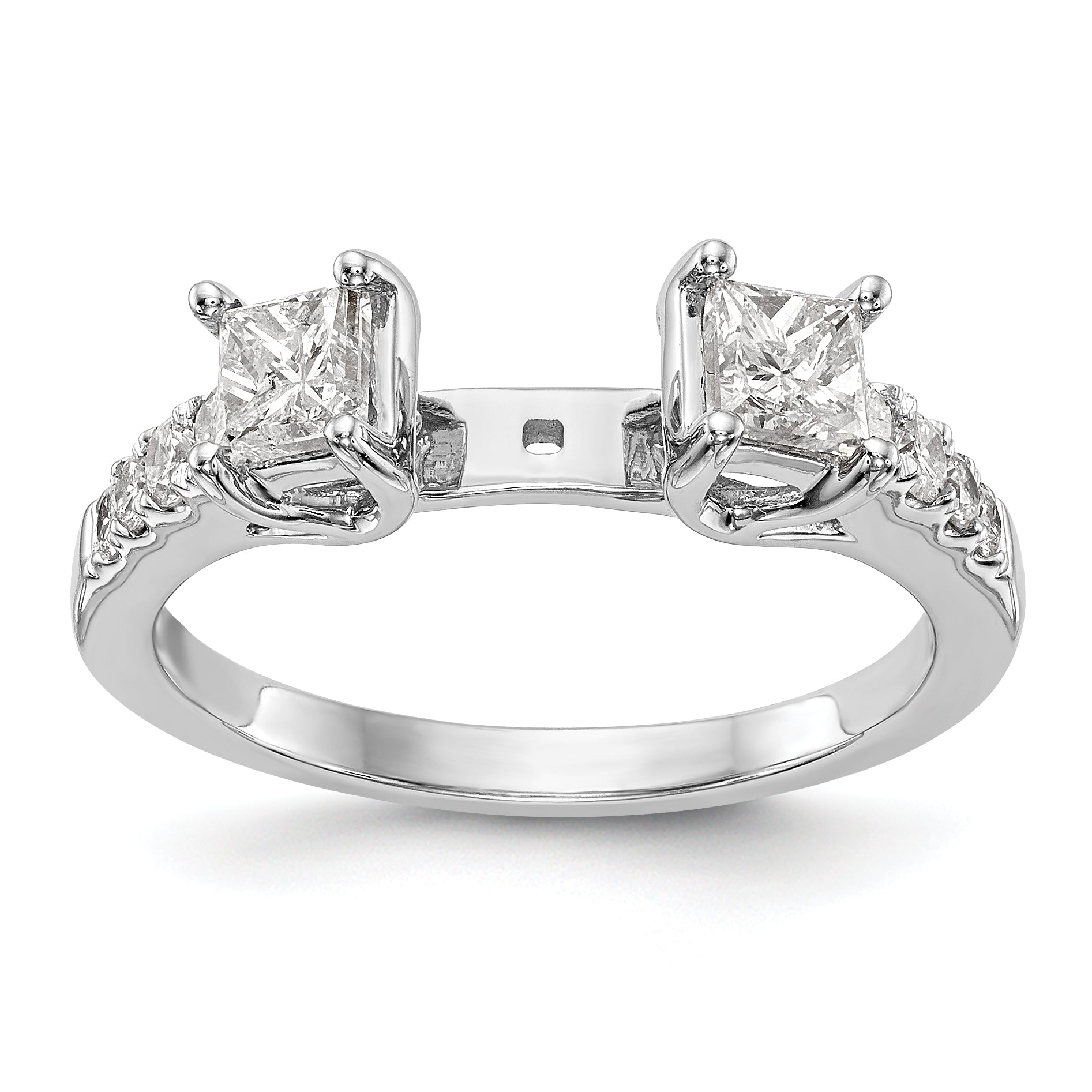14K White Gold 3 Stone Plus Peg Set Center Semi Mount Princess Diamond Engagement Ring