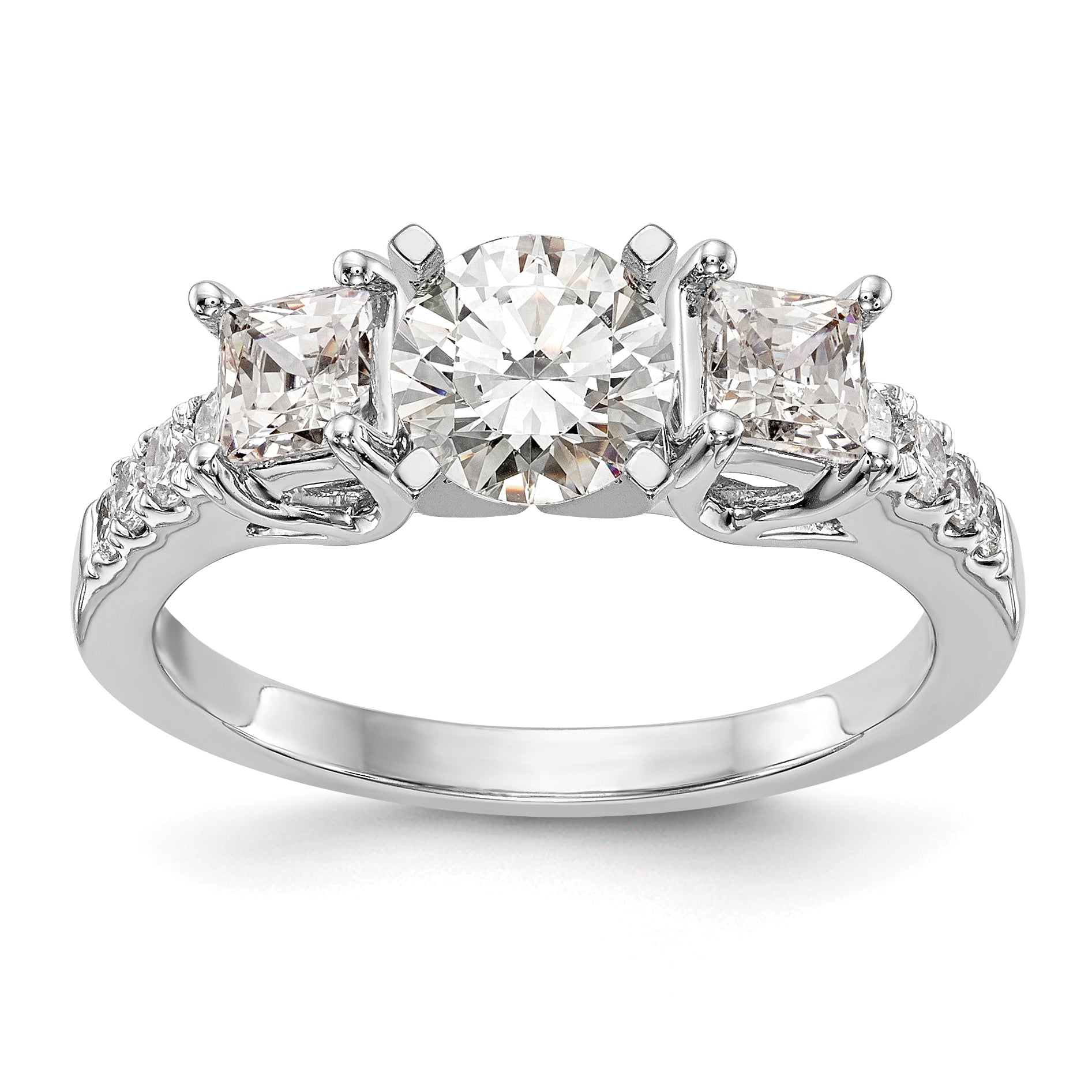 14K White Gold 3 Stone Plus Peg Set Center Semi Mount Princess Diamond Engagement Ring