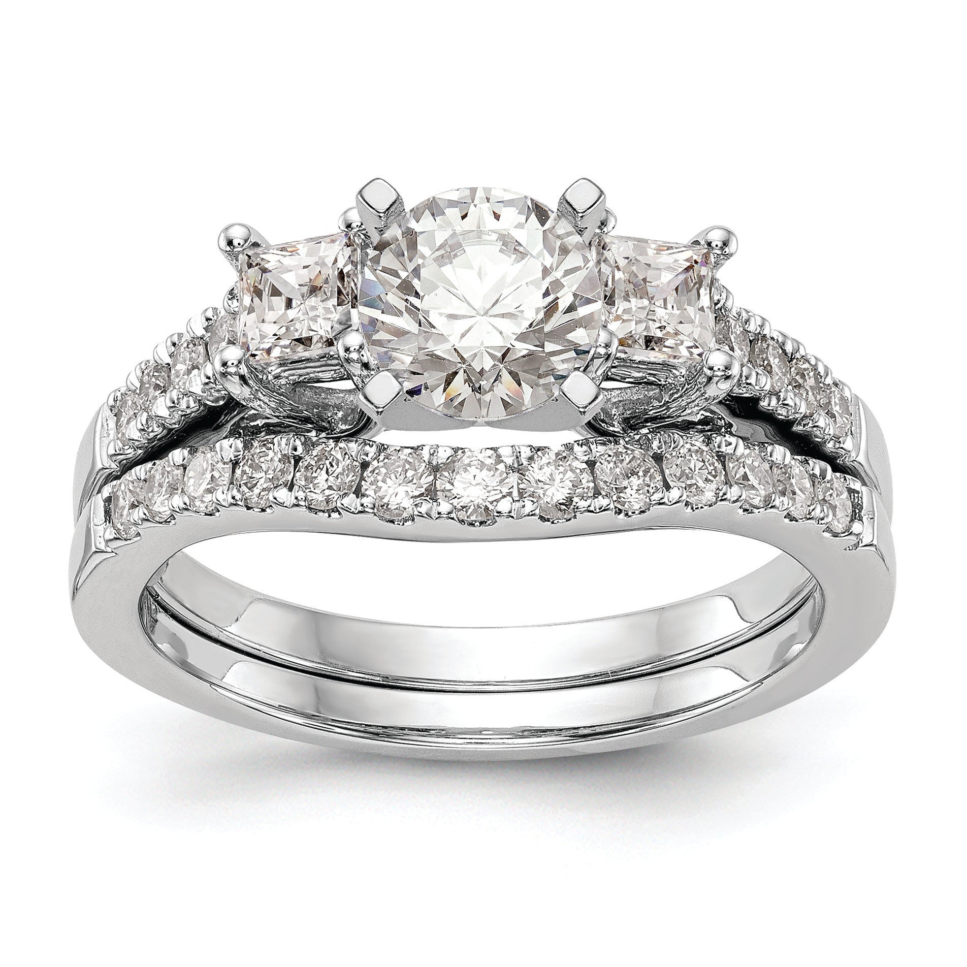 14K White Gold 3 Stone Plus Peg Set Center Princess Diamond Semi Mount Engagement Ring