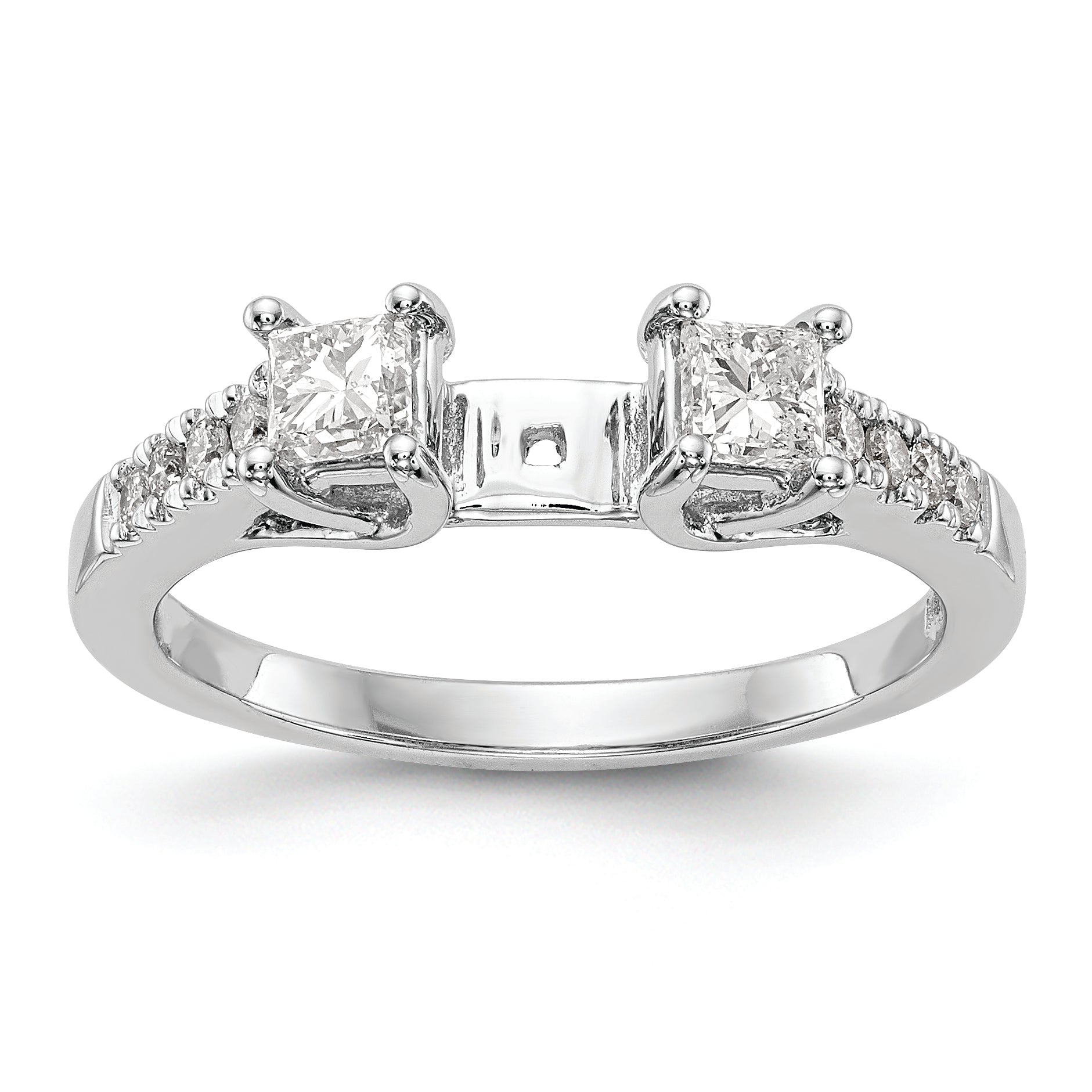 14K White Gold 3 Stone Plus Peg Set Center Princess Diamond Semi Mount Engagement Ring