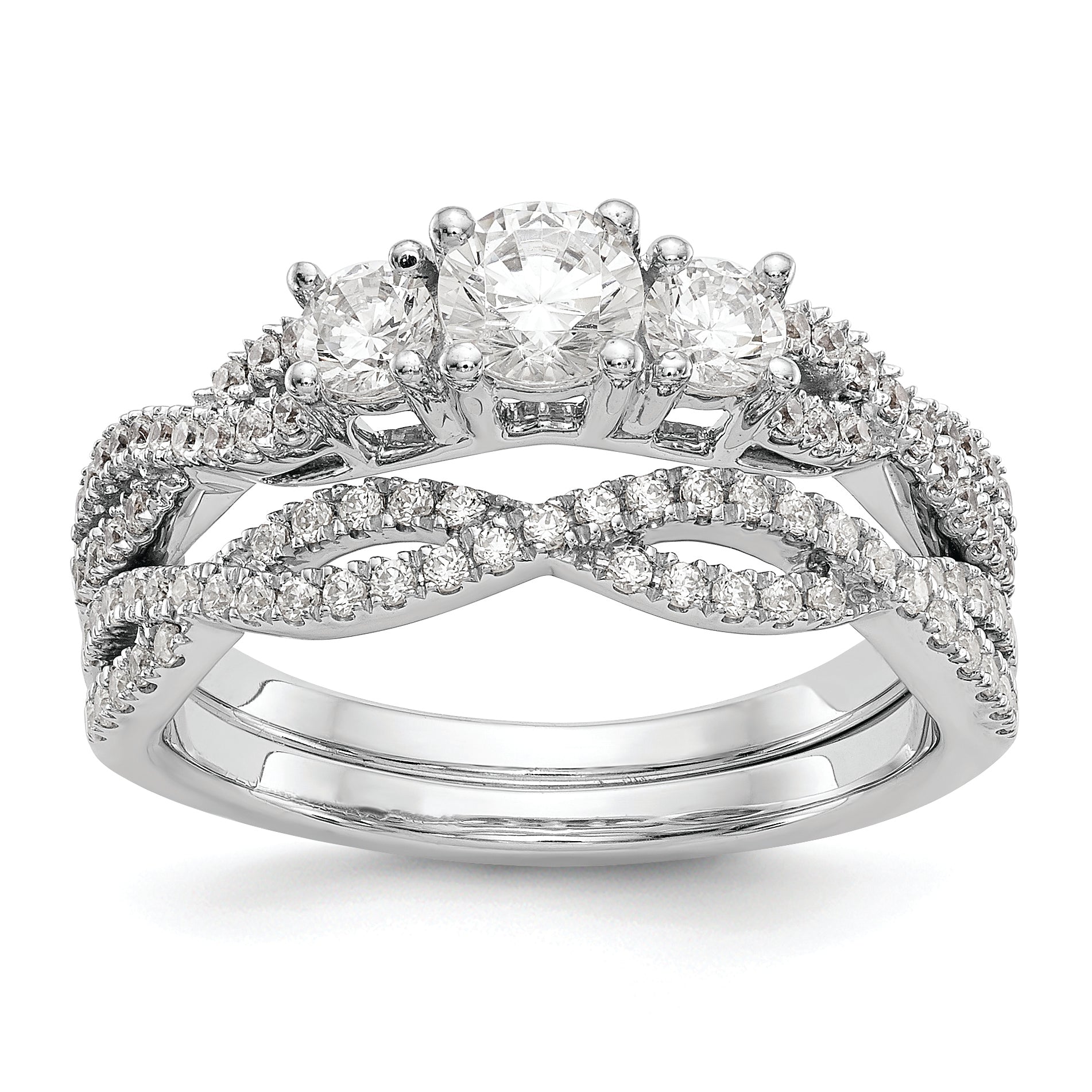 14K White Gold 3 Stone Plus (Holds 4.5mm Round Center) Diamond Semi Mount Engagement Ring