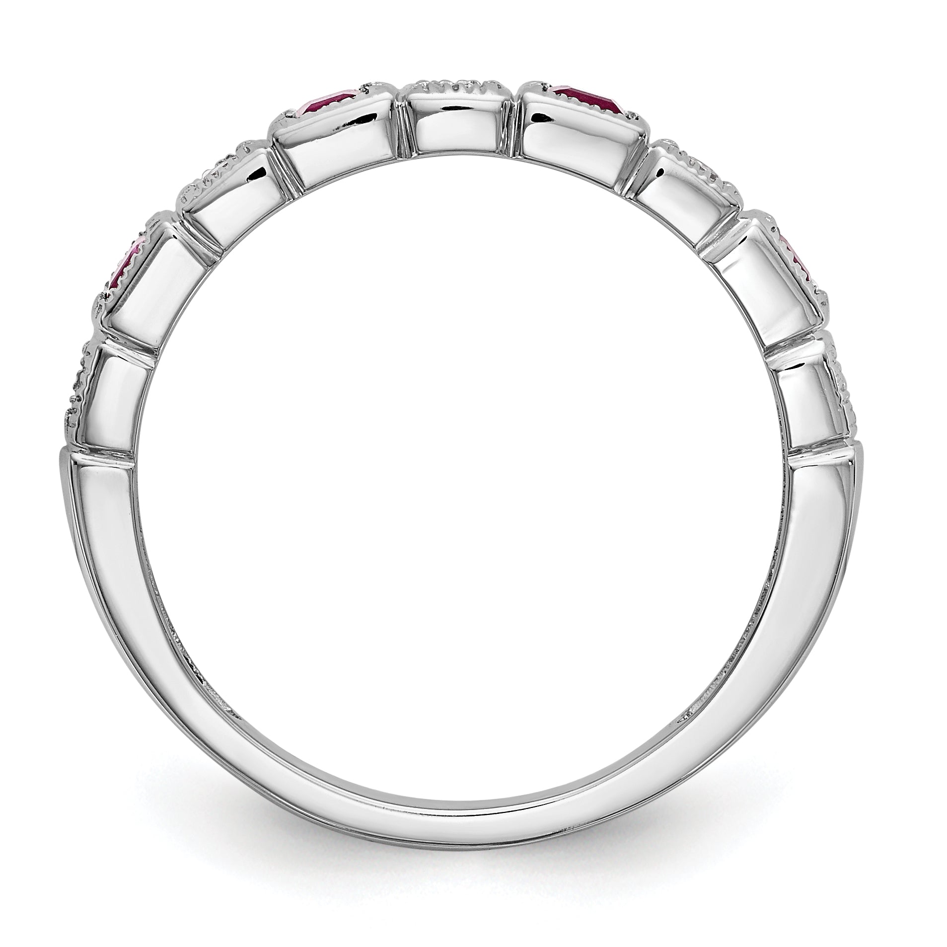 14K White Gold 1/10 Carat Diamond And Ruby Complete Band