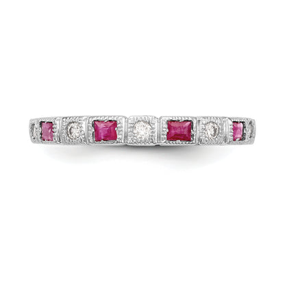 14K White Gold 1/10 Carat Diamond And Ruby Complete Band