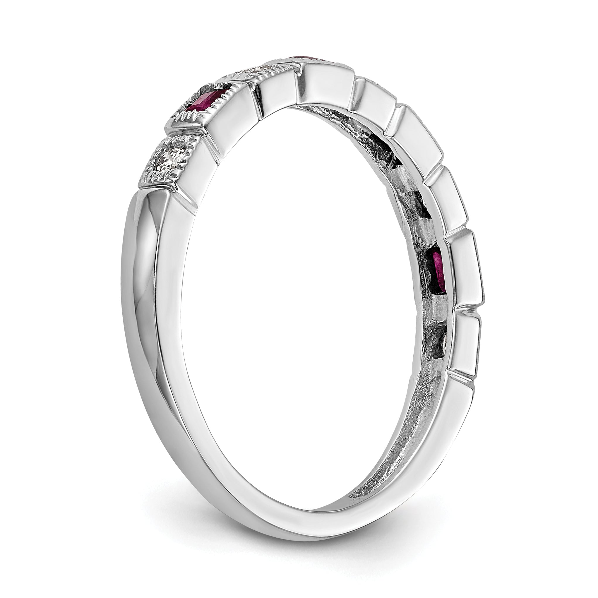 14K White Gold 1/10 Carat Diamond And Ruby Complete Band
