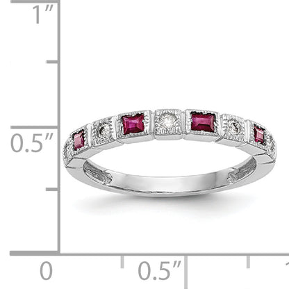 14K White Gold 1/10 Carat Diamond And Ruby Complete Band