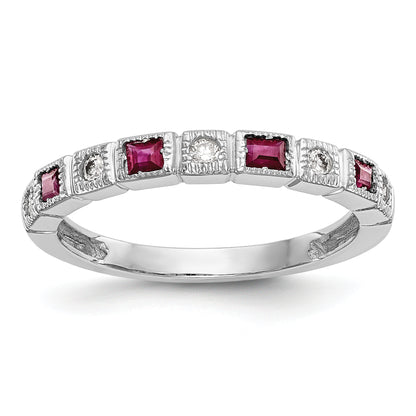 14K White Gold 1/10 Carat Diamond And Ruby Complete Band