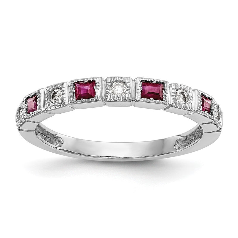 14K White Gold 1/10 Carat Diamond And Ruby Complete Band