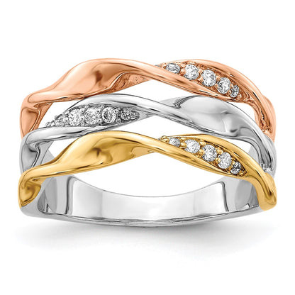 14K Tri Color Diamond Fancy Triple Twist Ring