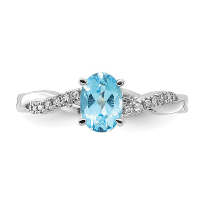 14K White Gold 7x5 Oval December/Blue Topaz and Diamond Size 7 Ring