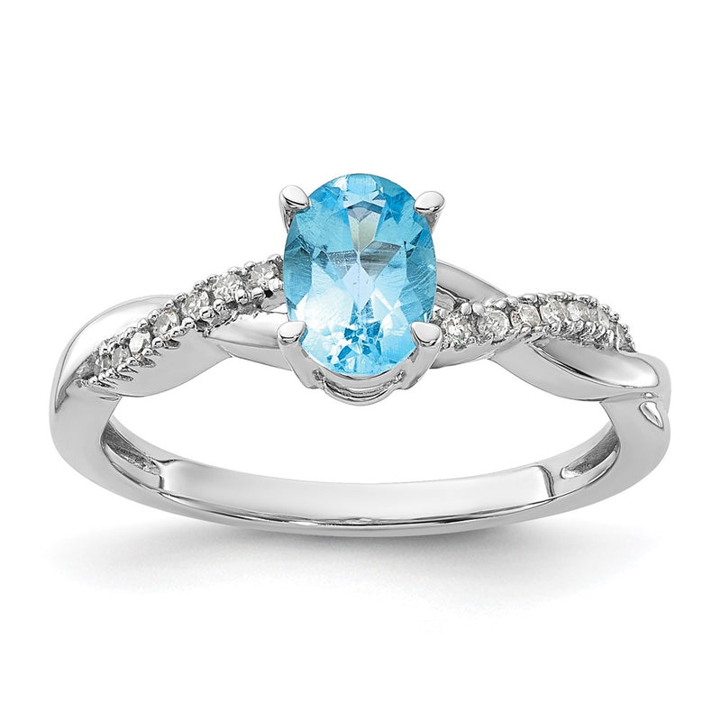 14K White Gold 7x5 Oval December/Blue Topaz and Diamond Size 7 Ring