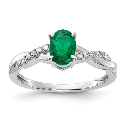 14K White Gold 7x5 Oval May/Lab Created Emerald and Diamond Size 7 Ring