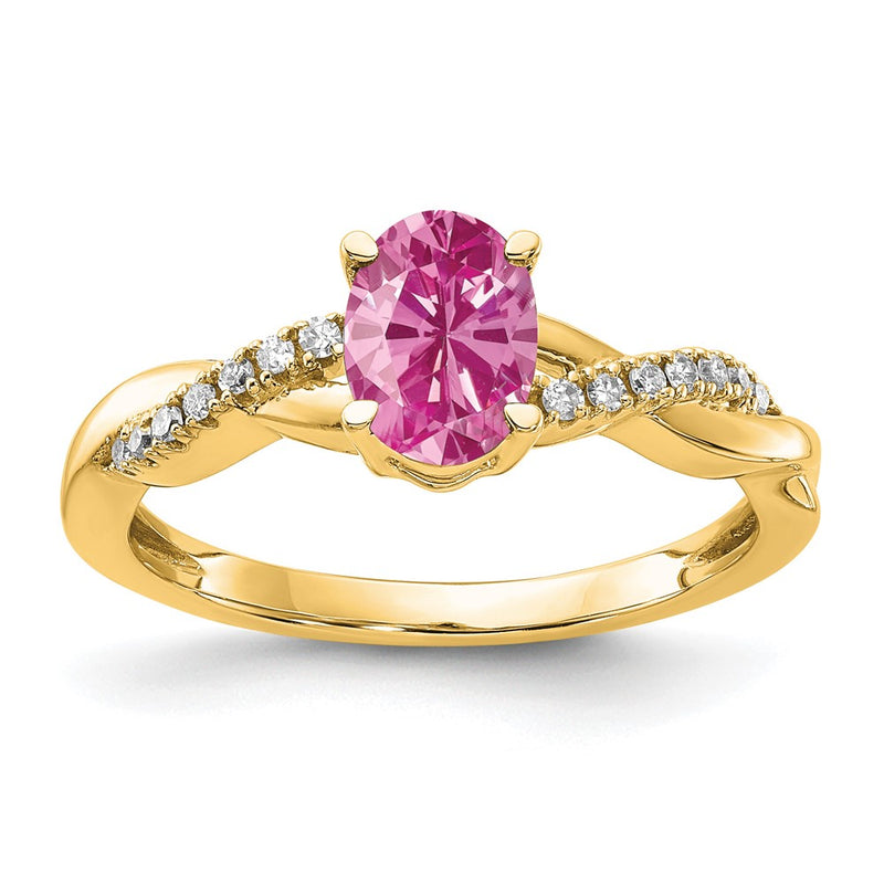 14K Yellow Gold 7x5 Oval October/Lab Created Pink Sapphire and Diamond Size 7 Ring