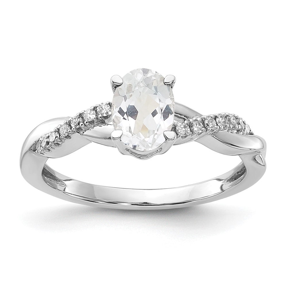 14K White Gold 7x5 Oval April/White Topaz and Diamond Size 7 Ring
