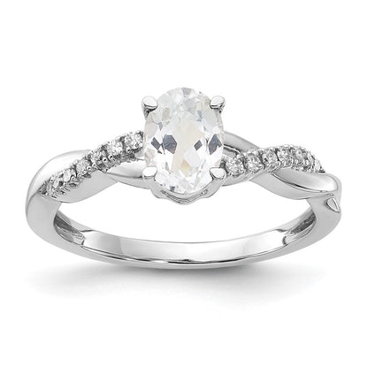 14K White Gold 7x5 Oval April/White Topaz and Diamond Size 7 Ring